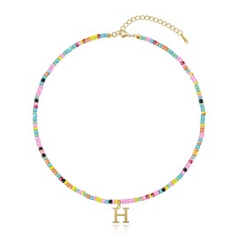 Yifnny Colourful Pearl Necklace with Letters, Cute Necklace Gold Initial Pendant Necklace Bohemian Initial Necklace Colourful Pearl Necklace Beach Jewellery for Women, Stainless Steel, No Gemstone