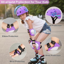 Kids Helmet and Pads Set Age 3-8 Years Adjustable Toddler Helmet with DIY Stickers for Skateboard Scooter Cycling Skating,Light Purple