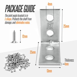 Angle Brackets Corner Bracket for Wood 16 Pcs | 25mm x 25mm x 13mm | Galvanised Steel Brackets with 64 Screws for Fixing and Repairing Furniture, Shelves, Windows and Cabinets