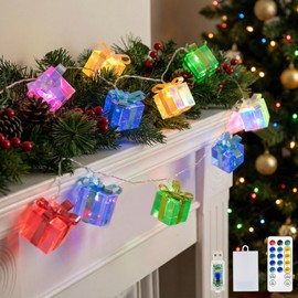 Cadena de luces de regalo de Navidad con temporizador remoto, 14 pies, 20 LED iridiscente decoración de Navidad, funciona con pilas USB para decoración de árbol de Navidad, chimenea, chimenea