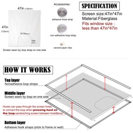 Mellroom Adjustable Window Screen Replacement kit with Zipper Opening, Fiberglass White 47in X 47in (120X120cm) can be Cut,Keep Bugs Mosquitoes Out,Insect Protection Nets for Household Purposes