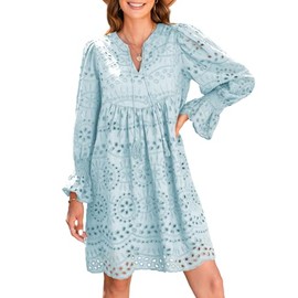 Dokotoo Womens Dresses 2024 Cotton Long Sleeve Tassel V Neck Short Blue Dress A Line Hollow Out Lace Ruffle Cute Dress Elegant Casual Beach Party Dresses Small