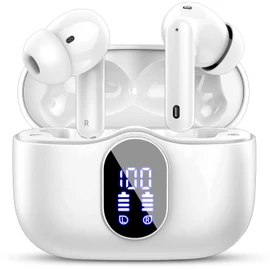 Wireless Earbuds, Bluetooth 5.3 Headphones In Ear with 4 ENC Noise Cancelling Mic, Btootos 2023 New Bluetooth Earphones Mini Deep Bass Stereo Sound, 36H Playtime LED Display Wireless Earbuds White
