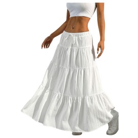 RoseSeek Women's Flowy Flared Ruffle Hem A Line Maxi Skirts Elastic Waist Elegant Tiered Layer Boho Long Skirts White Large
