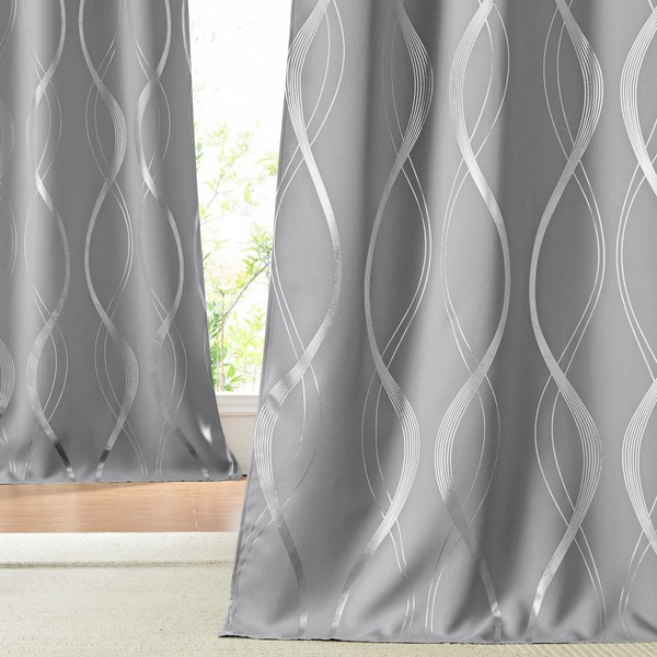 NICETOWN Blackout Curtains Panels for Bedroom, Noise Reducing Thermal Insulated Wave Line Foil Print Design Blackout Curtains for Patio Sliding Glass Door (Silver Grey, 2 Panels, 52 x 84 Inch)