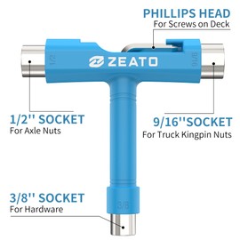 Zeato All-In-One Skate Tools Multi-function Portable Skateboard T Tool Accessory with T-type Allen Key and L-type Phillips Head Wrench Screwdriver - Blue
