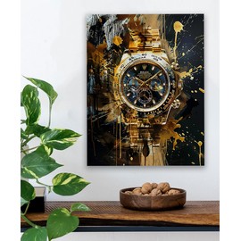Daytona Dreams 18x24 Stretched Canvas Poster-Gold Watch Abstract Painting for Man Cave & Office Decor Inspiration-Ideal for Watch Collectors, Horology Enthusiasts, & Luxury Timepiece Aficionados