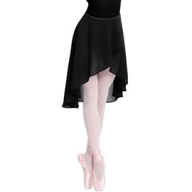DanceDaily Women Black Wrap Dance Skirt Adjustable Waist Chiffon Ballet Skirt with Short Front and Long Back