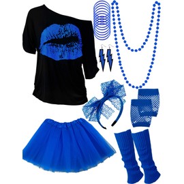 Blulu 80s Costume Accessory Set, T-Shirt, Tutu Headband, Earring, Necklace, Leg Warmers (XXL, Royal Blue)