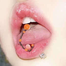 Hanfluenve Colorful Stainless Steel Tongue Studs 0.4 inch Gothic Piercing Chain Unique Statement Tongue Rings for Women Trendy (Orange)