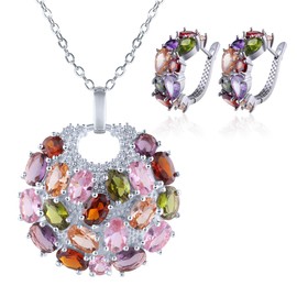Mecool Flower Pendant Necklace and Earring Set Cubic Zirconia Necklace Stud Earrings Jewellery Sets for Women | Earrings Necklace Set | Ladies Jewellery | Earrings Set (Colourful Silver)