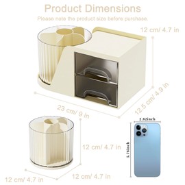 SAYEEC Rotating Desk Organizer with 2 Drawer 6 Slots Multi-Functional Pencil Pen Holder Desktop Makeup Organizer Stationery Accessories Storage Box Caddy for Office School Home Art Supplies (White)