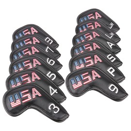 Golf Builder 12pcs/Set Black Leather USA Golf Club Iron Head Covers 3-9,P,S,A,Lw,Lw Fit All Brands