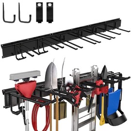 LOKMON Garage Tool Organizer Wall Mount 48 Inch Garden Yard Tool Organizer Adjustable Tool Hangers Wall Shovel Holder 3 Rails & 9 Hooks Heavy Duty Tool Rack - 330lbs Max Load