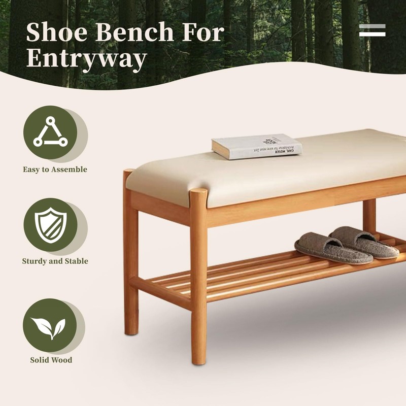 Buzleer Solid Wood Shoe Bench with Cushion, 2-Tier Shoe Rack