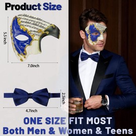 HyperFun Masquerade Mask for Men Phantom of the Opera Half Face Mask with Bowtie, Vintage Venetian Masks for Costume Parties (Blue Pioneer)