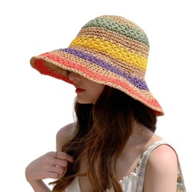 Itisyou Women's Rainbow Hat Straw Hat Visor, Colorful Stripes, Rainbow Hat, UV Protection, Khaki