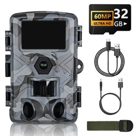 Trail Camera, 60MP Hunting Camera with WiFi, 32GB TF Card, Night Vision, Motion Activated, IP66 Waterproof, 120°Wide-Angle for Deer Scouting or Home Security, APP Control, H.264 MP4 Video