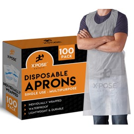 Xpose Safety 100 White Plastic Disposable Aprons for Cooking & more Individually Packaged, Durable 1 Mil Waterproof Polyethylene 24" x 48"