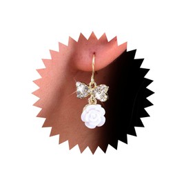 Atentuyi Wedding White Small Flower Dangle Earrings Gold Crystal Bow Drop Earrings Acrylic Floral Earrings CZ Hook Earrings Vintage Camellia Earrings Jewellery for Women and Girls, Crystal