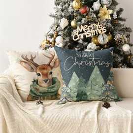 Artoid Mode Trees Reindeer Snowflakes Merry Christmas Cushion Covers Set of 2 45 x 45 cm Merry Chrisrmas Decorative Cushion Cover Couch Decoration