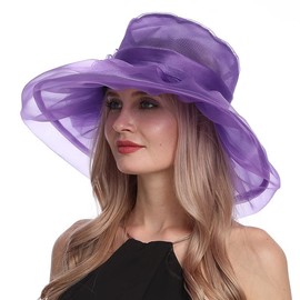 Geduoer Women Fascinators for Weddings Cocktail Party Foldable Adustable Brim Mesh Flower Sun Hat for Beaches (Purple)