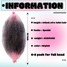 Springy Afro Twist Hair Pre Fluffed Marley Twist Braiding Hair Spring Twist Hair Wrapping Hair (1B-Pink, 24 inch(Pack of 8))