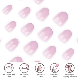 Almond False Nails - Short French Tip False Nails - 24pcs Pink Press On Nails French Tip - High Glossy Fake Nails With Glue - Full Cover Acrylic Stick On Nails For Women Girls