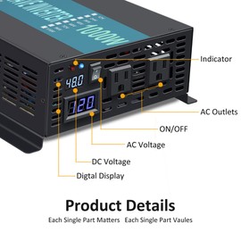 WZRELB 1000W 48V 120V Pure Sine Wave Power Inverter with 2 AC Outlets,Car Inverter
