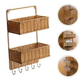 Angoily Woven Wall Mount 2-Tier Storage Sorter Basket with 5 Hooks Rattan Hanging Fruit Basket Kitchen Vegetables Organizers for Cutlery Condiment