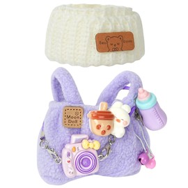 AOOTE Stylish Doll Clothes, 3 Pcs Dolls Clothes Set, Plush Dolle Cloth for 17cm Dolls, Set Include 1 Dungarees, 1 Wool Hat, 1 Purple Camera, Cute Dress Up Gift for Girls Boys, Only Clothe, No Doll