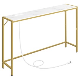 MAHANCRIS Console Table, Narrow Sofa Table, 43.3” Entrance Table with Power Station, Behind Couch Table, Simple Style, for Living Room, Hallway, Entryway, Foyer, Marble and Gold CTJM112E01