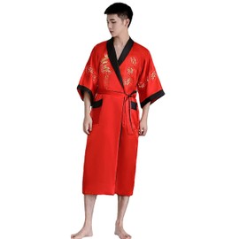 Bon amixyl Unisex Bathrobe Kimono Japanese Chinese Dragon Pajamas Cardigan Kimono Dressing Gown Satin, red