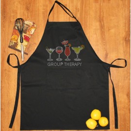 Rhinestone Embellished Black Apron with Group Therapy and Drink Glasses, 100% Polyester, Adjustable Neck Strap, Machine Washable
