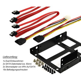 Rhombutech® Mounting Frame for 2 x 2.5 Inch Hard Drives or SSD to 3.5 Inch - Metal - Very Stable - Optimised for SSD - Bracket Rails Including Screws 2 SATA Cables and 2 Power Adapters (HL-SD4)
