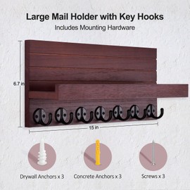 Lwenki Key Holder Wall Mount, Entryway Key and Mail Holder with 7 Sturdy Hooks for Sunglasses, Dog Leash, Decorative Wall Shelf with Mounting Hardware, 15”W x 6.7”H x 4.2”D (Dark Red)