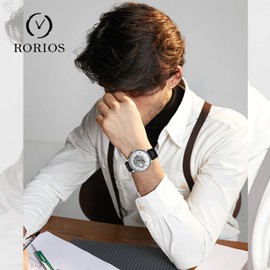 rorios Men's Watches Mechanical Automatic Watch Luminous Watches with Leather Strap Skeleton Military Watch, silver white, Classic