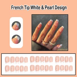 ANDGING French Tip Press on Nails White Coffin Short Medium Fake Nails with Pearl Design fake nails for Women Gel Acrylic False Nails with Glue Full Cover stick on nail for Wedding Birthday 24Pcs