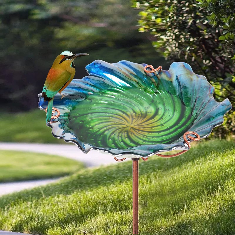 Glass Bird Bath Outdoor Birdbaths Garden Birdfeeder with Metal Stake