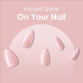 Almond False Nails - 24pcs Pink Pearl Press on Nails - 12 sizes Glossy fake nails with glue - Light Pink Chrome French Tip False Nails - Aurora Full Cover Acrylic Nails for Women Girls Daily Wear