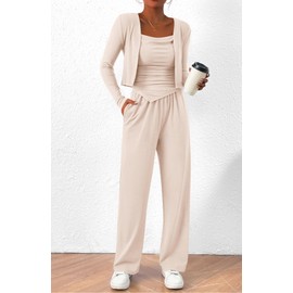 BTFBM Women's Fall Lounge Sets 3 Piece Outfit Tracksuits Casual Long Sleeve Tops High Waisted Sweatpants Set(Solid Beige White,Large)
