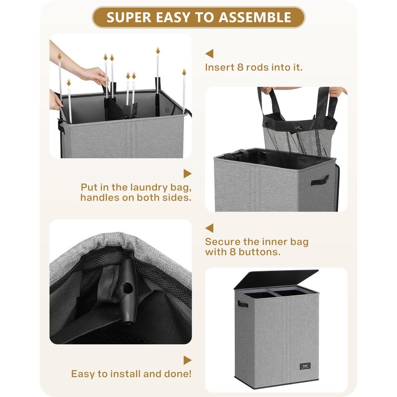 SOLEDI Double Laundry Hamper with Lid, 130L Clothes Hamper 2