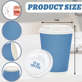 Whaline 100Pcs Dusty Blue Disposable Coffee Cups with Lids 12oz Gradient Blue Paper Cups Corrugated Ripple Wall Insulated Hot Cups for Home Office Party Supplies