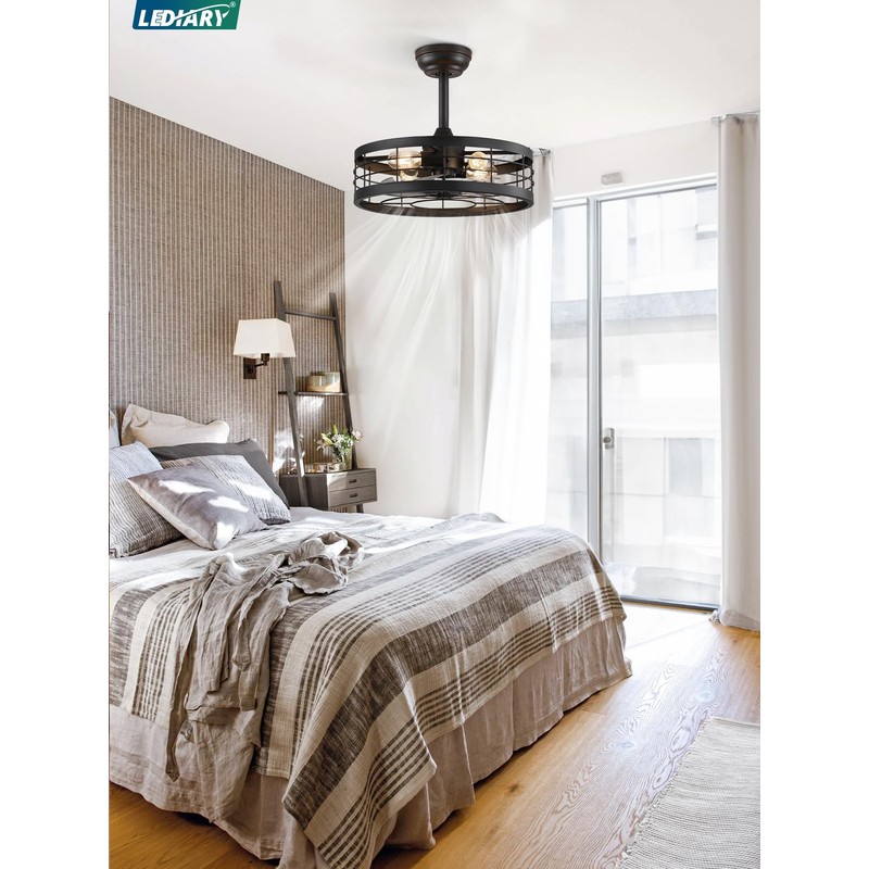 LEDIARY 18 inch Black Caged Ceiling Fan with Light, Bladeless