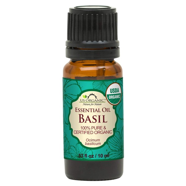 US Organic 100% Pure Basil Essential Oil - USDA Certified Organic, Steam Distilled W/ Euro droppers (More Size Variations Available) (10 ml / .33 fl oz)