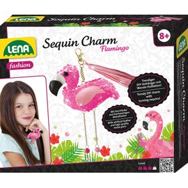 Lena 42659 Craft Set Sequin Charm Flamingo Complete Set for 1 Sequin Lucky Charm / Key Ring with Faux Leather Ribbon, Beads, Needle, Filling Wool and Instructions (English language not guaranteed),