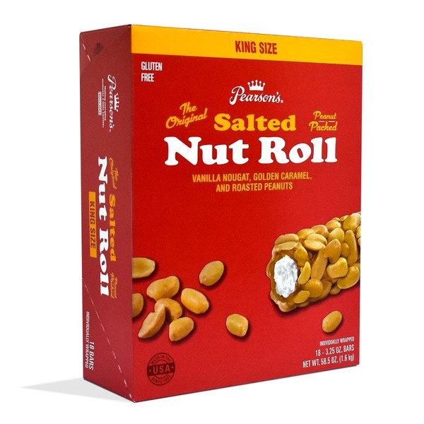 Pearson's King Original Salted Nut Roll | Loaded With Crunchy Roasted Peanuts, Golden Caramel, and Chewy Nougat | Pack of 18-3.25 oz. King-Sized Candy Bars