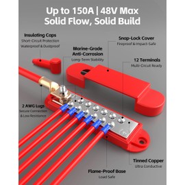 Bus Bar 12V 150A Power Distribution Block: DC Battery Marine Bus Bar Terminal Block with Cover 1/4" Stud 12 × #8 Screws Ground Power Distribution Block for Automotive RV Solar Wiring Boat Accessories