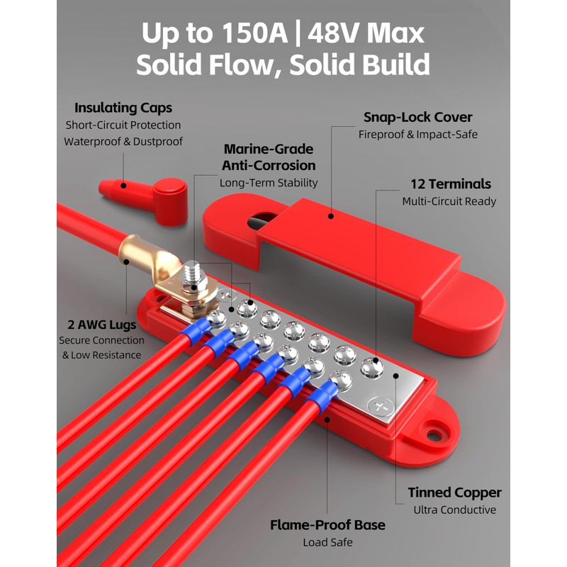 Bus Bar 12V 150A Power Distribution Block: DC Battery Marine