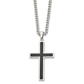 Modern Stainless Steel Cross Necklace for Men with Black Carbon Fiber Matte Inlay Sleek Pendant on Durable Silver Chain Bold Timeless Statement Jewelry Featuring Geometric Design and Faith Symbol